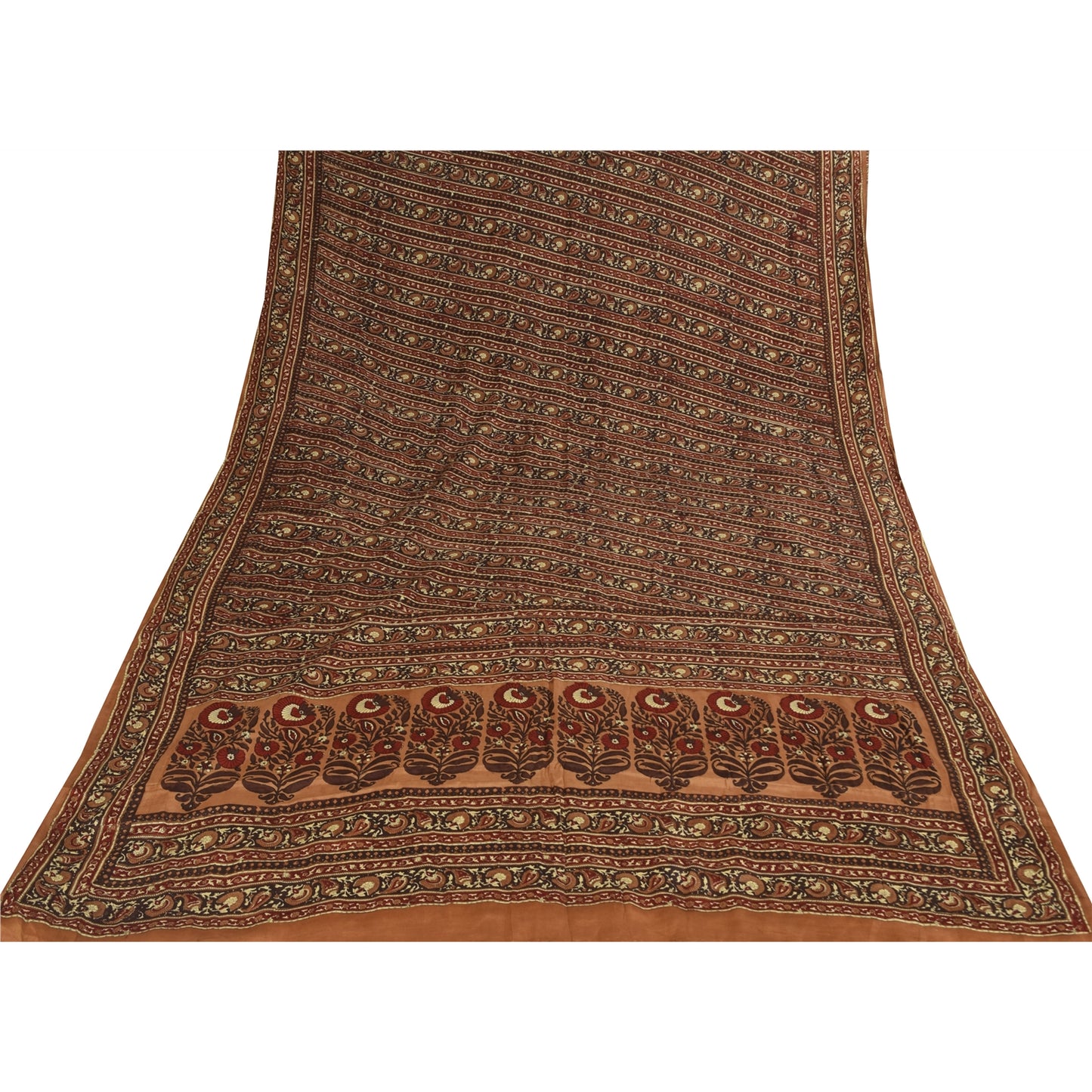 Sanskriti Vintage Sarees Brown Pure Crepe Silk Printed Sari 5+yd Craft Fabric