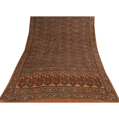 Sanskriti Vintage Sarees Brown Pure Crepe Silk Printed Sari 5+yd Craft Fabric