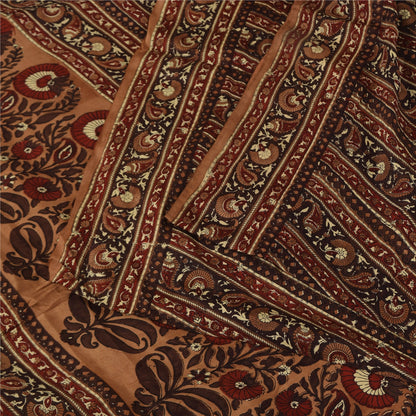 Sanskriti Vintage Sarees Brown Pure Crepe Silk Printed Sari 5+yd Craft Fabric
