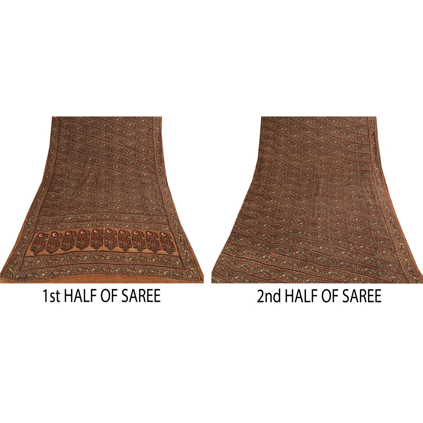 Sanskriti Vintage Sarees Brown Pure Crepe Silk Printed Sari 5+yd Craft Fabric