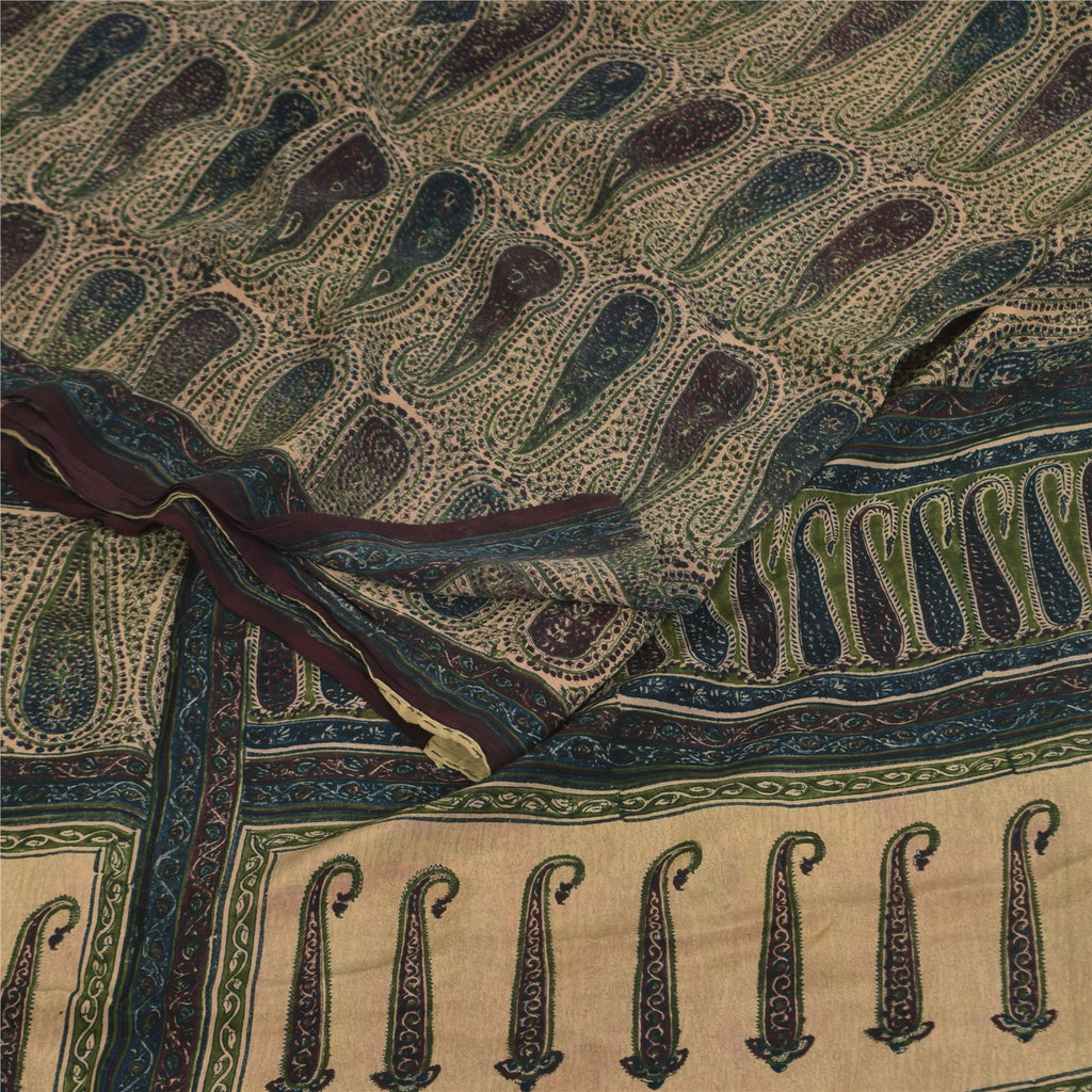 Sanskriti Vintage Sarees Peach Pure Crepe Paisley Printed Sari 5+yd Craft Sustainable Fabric