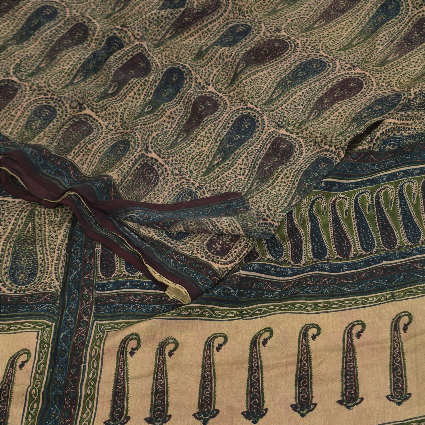 Sanskriti Vintage Sarees Peach Pure Crepe Paisley Printed Sari 5+yd Craft Sustainable Fabric