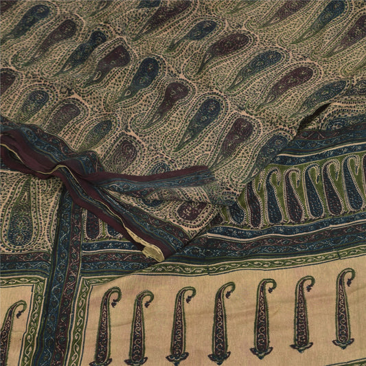 Sanskriti Vintage Sarees Peach Pure Crepe Paisley Printed Sari 5+yd Craft Sustainable Fabric