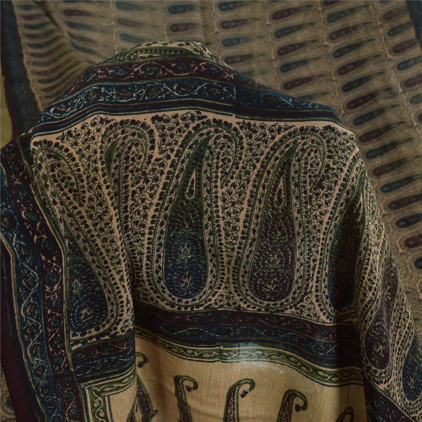 Sanskriti Vintage Sarees Peach Pure Crepe Paisley Printed Sari 5+yd Craft Sustainable Fabric