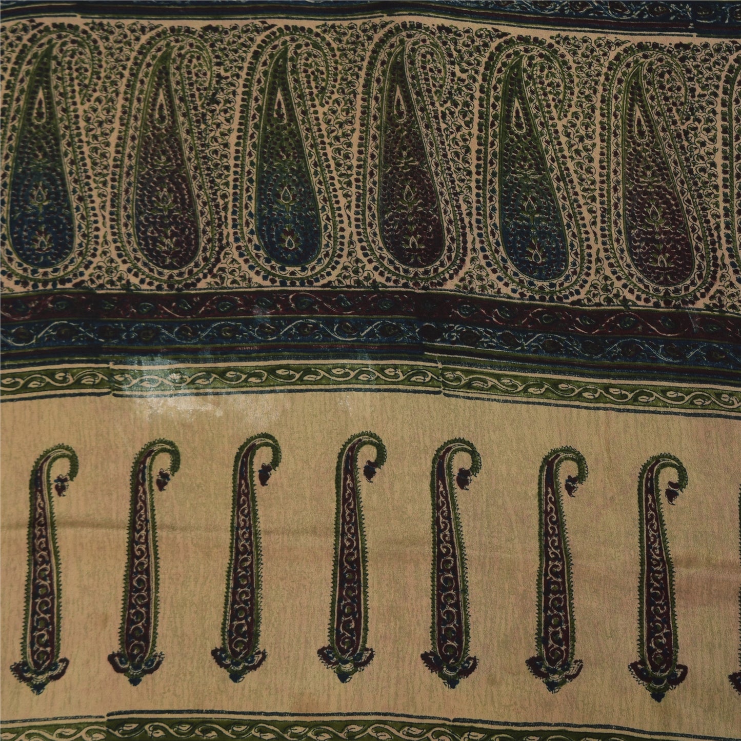 Sanskriti Vintage Sarees Peach Pure Crepe Paisley Printed Sari 5+yd Craft Sustainable Fabric