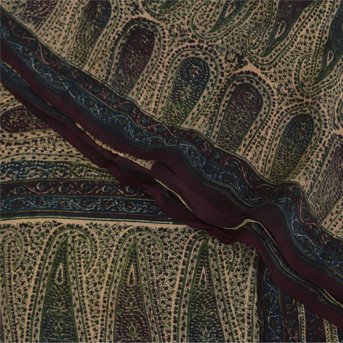 Sanskriti Vintage Sarees Peach Pure Crepe Paisley Printed Sari 5+yd Craft Sustainable Fabric