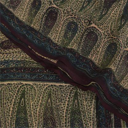 Sanskriti Vintage Sarees Peach Pure Crepe Paisley Printed Sari 5+yd Craft Sustainable Fabric