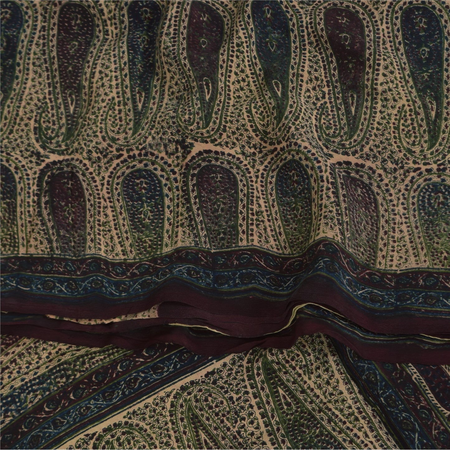 Sanskriti Vintage Sarees Peach Pure Crepe Paisley Printed Sari 5+yd Craft Sustainable Fabric