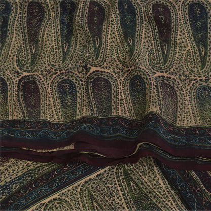 Sanskriti Vintage Sarees Peach Pure Crepe Paisley Printed Sari 5+yd Craft Sustainable Fabric