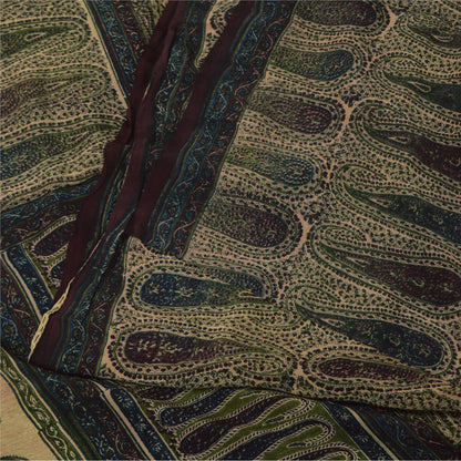 Sanskriti Vintage Sarees Peach Pure Crepe Paisley Printed Sari 5+yd Craft Sustainable Fabric