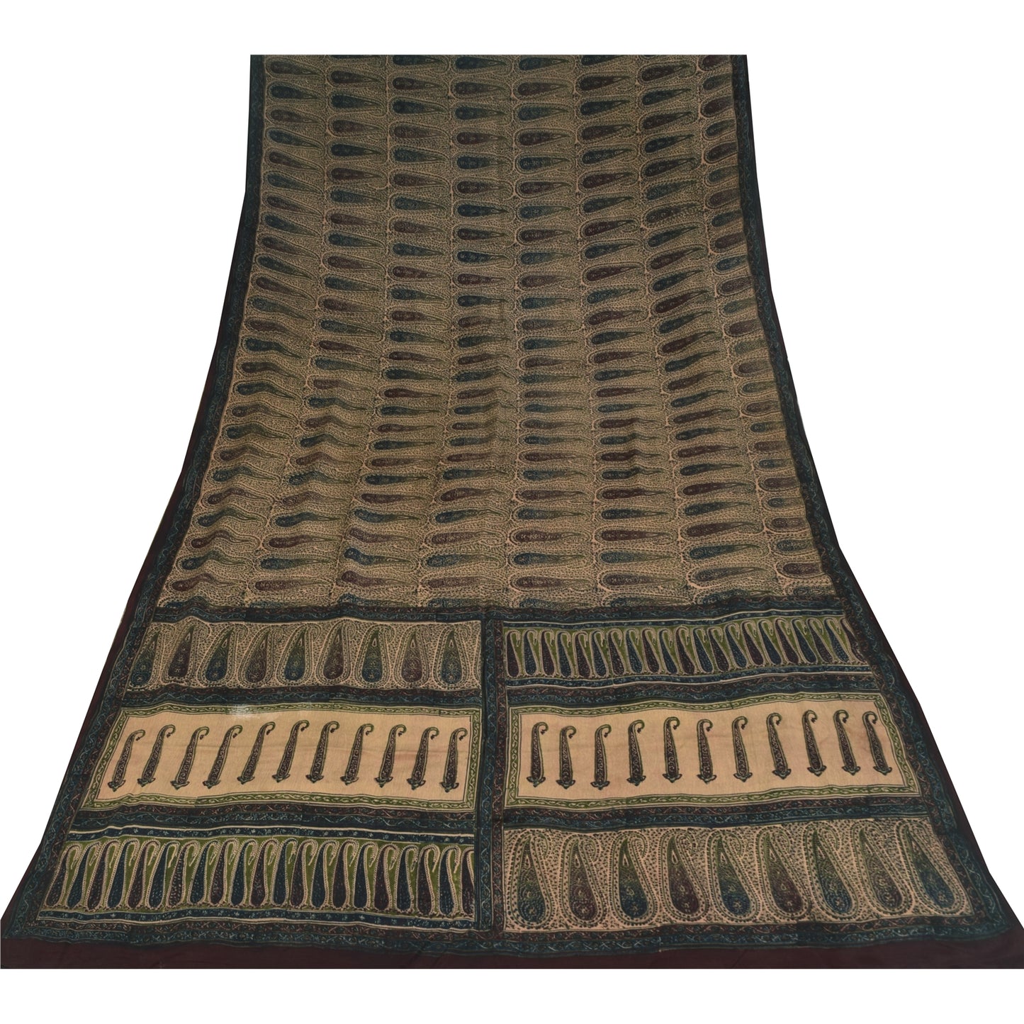 Sanskriti Vintage Sarees Peach Pure Crepe Paisley Printed Sari 5+yd Craft Sustainable Fabric