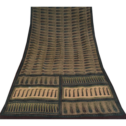 Sanskriti Vintage Sarees Peach Pure Crepe Paisley Printed Sari 5+yd Craft Sustainable Fabric