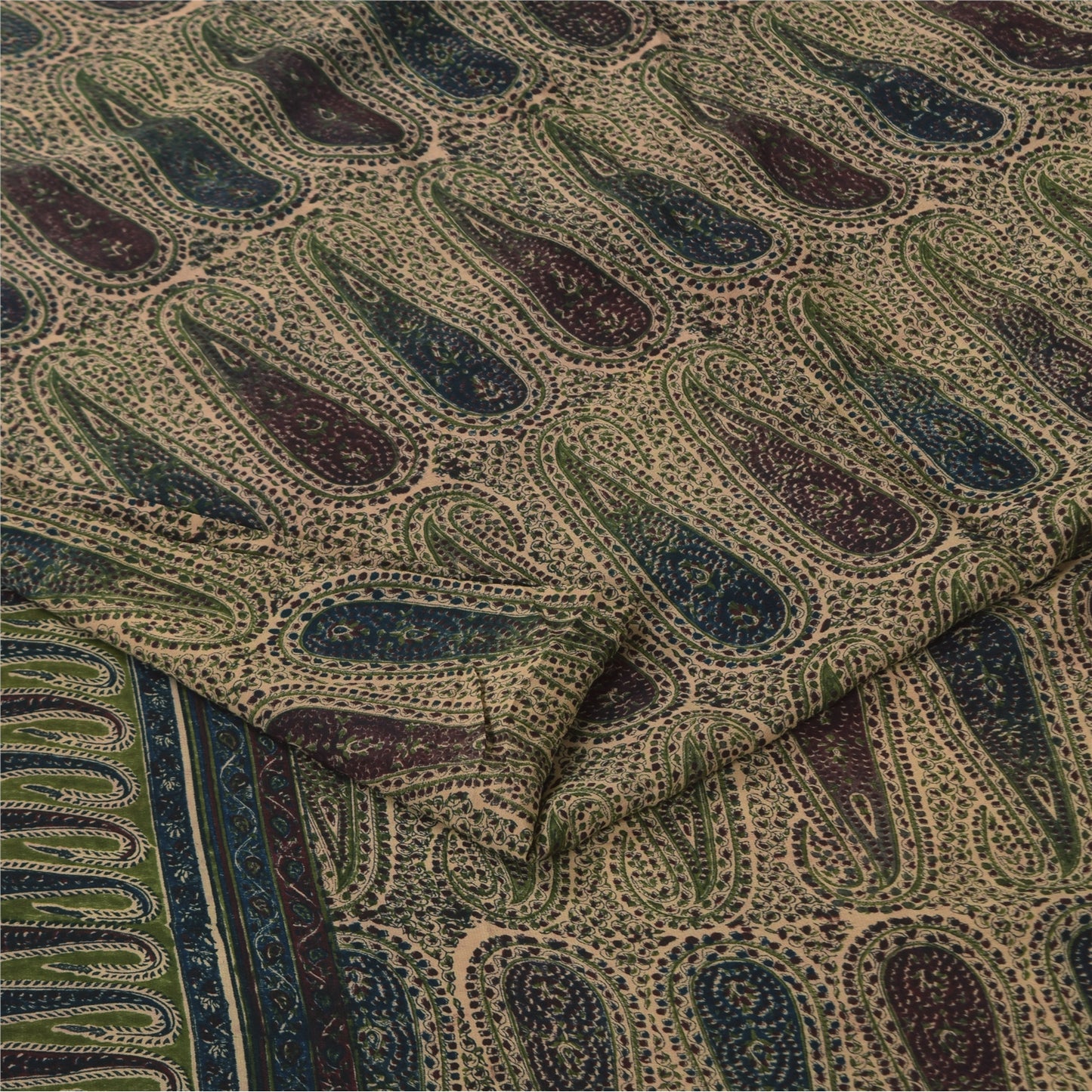 Sanskriti Vintage Sarees Peach Pure Crepe Paisley Printed Sari 5+yd Craft Sustainable Fabric