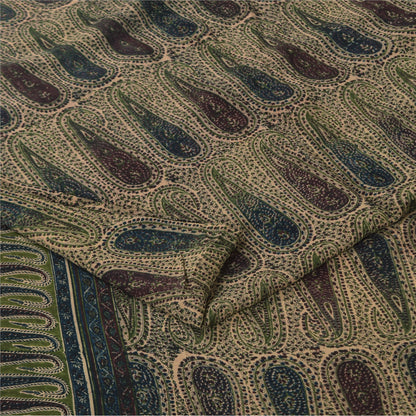 Sanskriti Vintage Sarees Peach Pure Crepe Paisley Printed Sari 5+yd Craft Sustainable Fabric