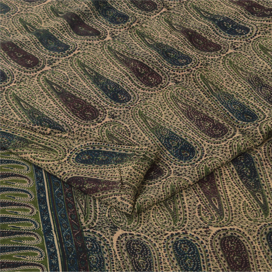 Sanskriti Vintage Sarees Peach Pure Crepe Paisley Printed Sari 5+yd Craft Sustainable Fabric