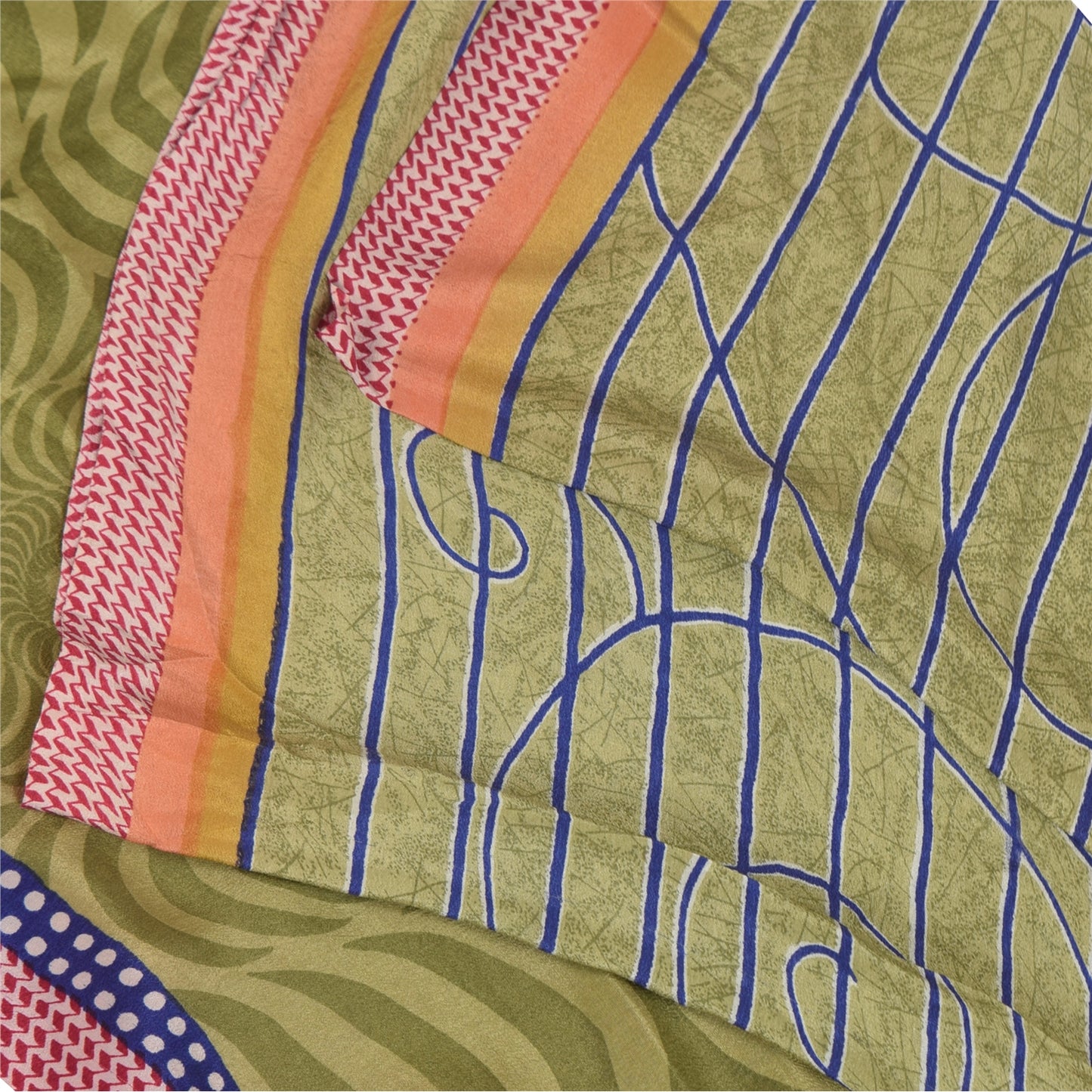 Sanskriti Vintage Sarees Green Pure Crepe Silk Printed Sari 5+yd Craft Sustainable Fabric