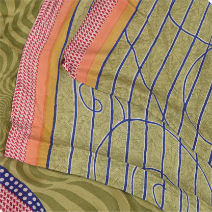 Sanskriti Vintage Sarees Green Pure Crepe Silk Printed Sari 5+yd Craft Sustainable Fabric