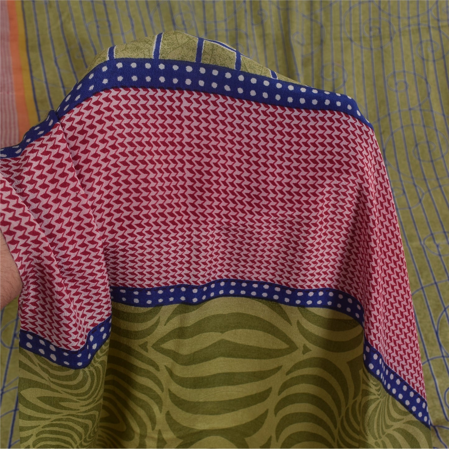 Sanskriti Vintage Sarees Green Pure Crepe Silk Printed Sari 5+yd Craft Sustainable Fabric