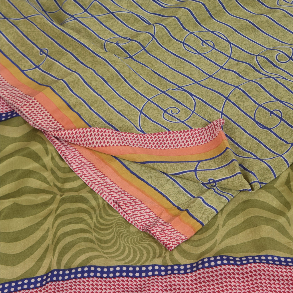Sanskriti Vintage Sarees Green Pure Crepe Silk Printed Sari 5+yd Craft Sustainable Fabric