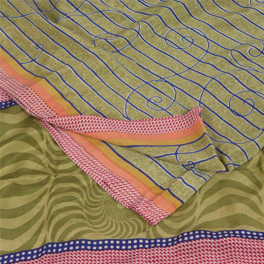 Sanskriti Vintage Sarees Green Pure Crepe Silk Printed Sari 5+yd Craft Sustainable Fabric