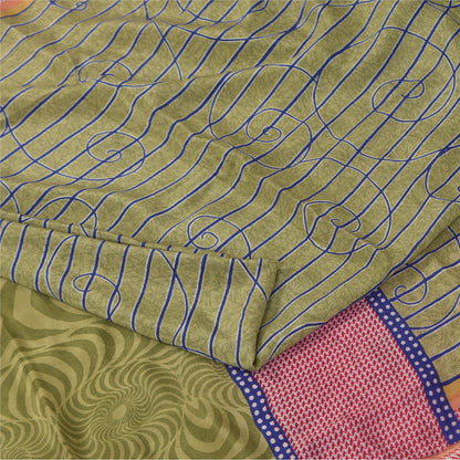 Sanskriti Vintage Sarees Green Pure Crepe Silk Printed Sari 5+yd Craft Sustainable Fabric