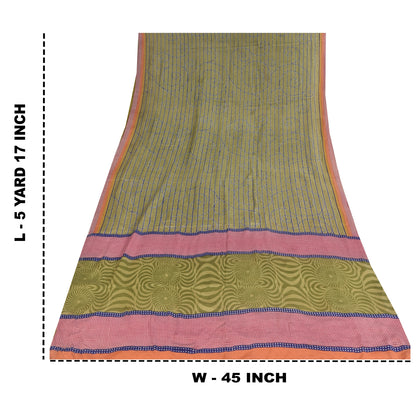 Sanskriti Vintage Sarees Green Pure Crepe Silk Printed Sari 5+yd Craft Sustainable Fabric