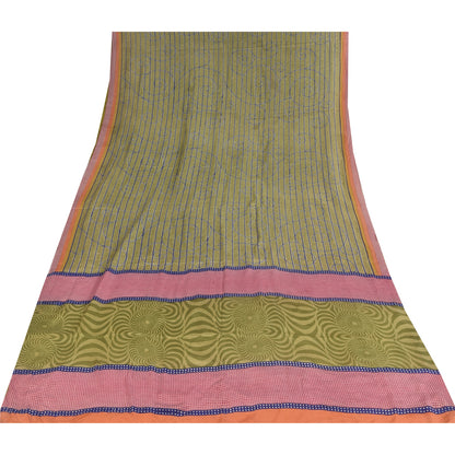 Sanskriti Vintage Sarees Green Pure Crepe Silk Printed Sari 5+yd Craft Sustainable Fabric