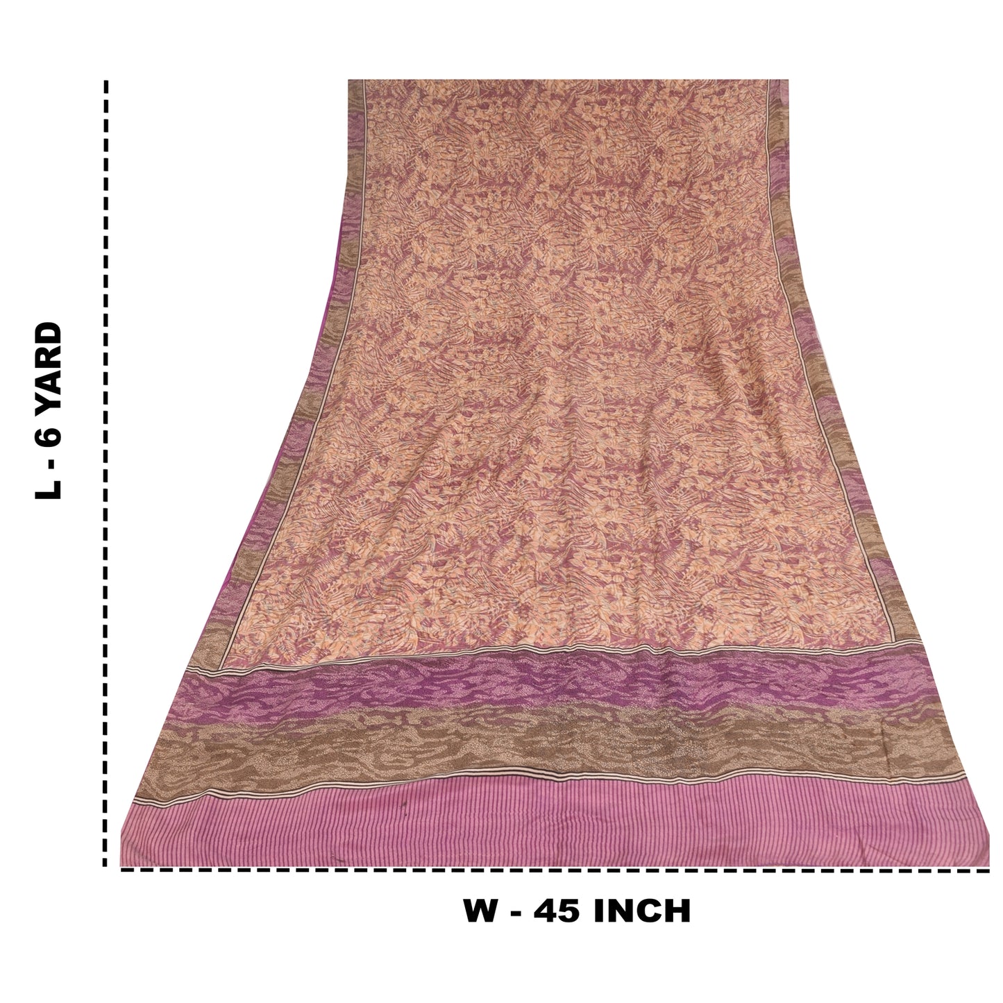 Sanskriti Vintage Sarees Peach/Purple Pure Crepe Print Sari 6yd Craft Sustainable Fabric