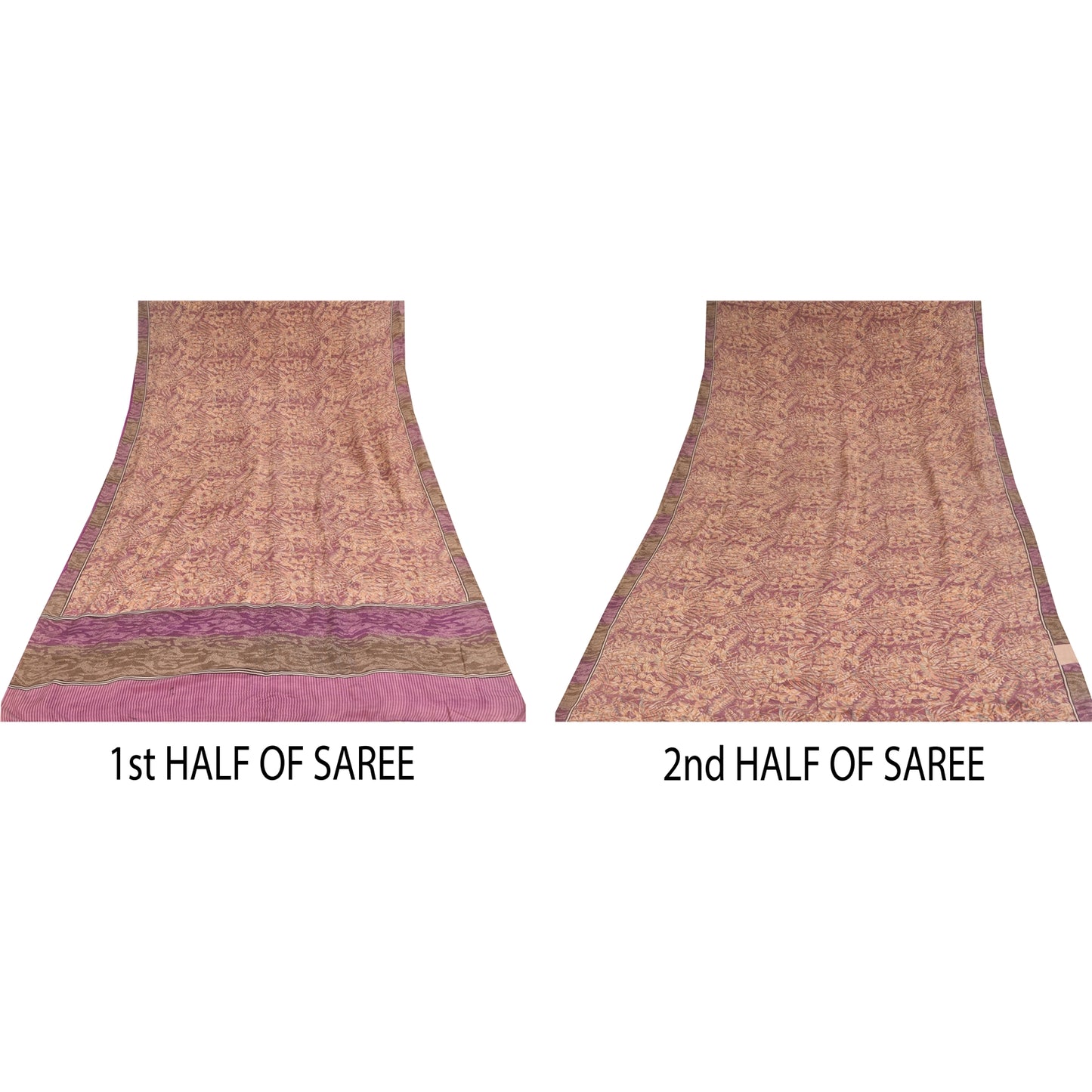 Sanskriti Vintage Sarees Peach/Purple Pure Crepe Print Sari 6yd Craft Sustainable Fabric