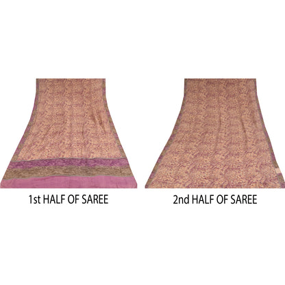 Sanskriti Vintage Sarees Peach/Purple Pure Crepe Print Sari 6yd Craft Sustainable Fabric