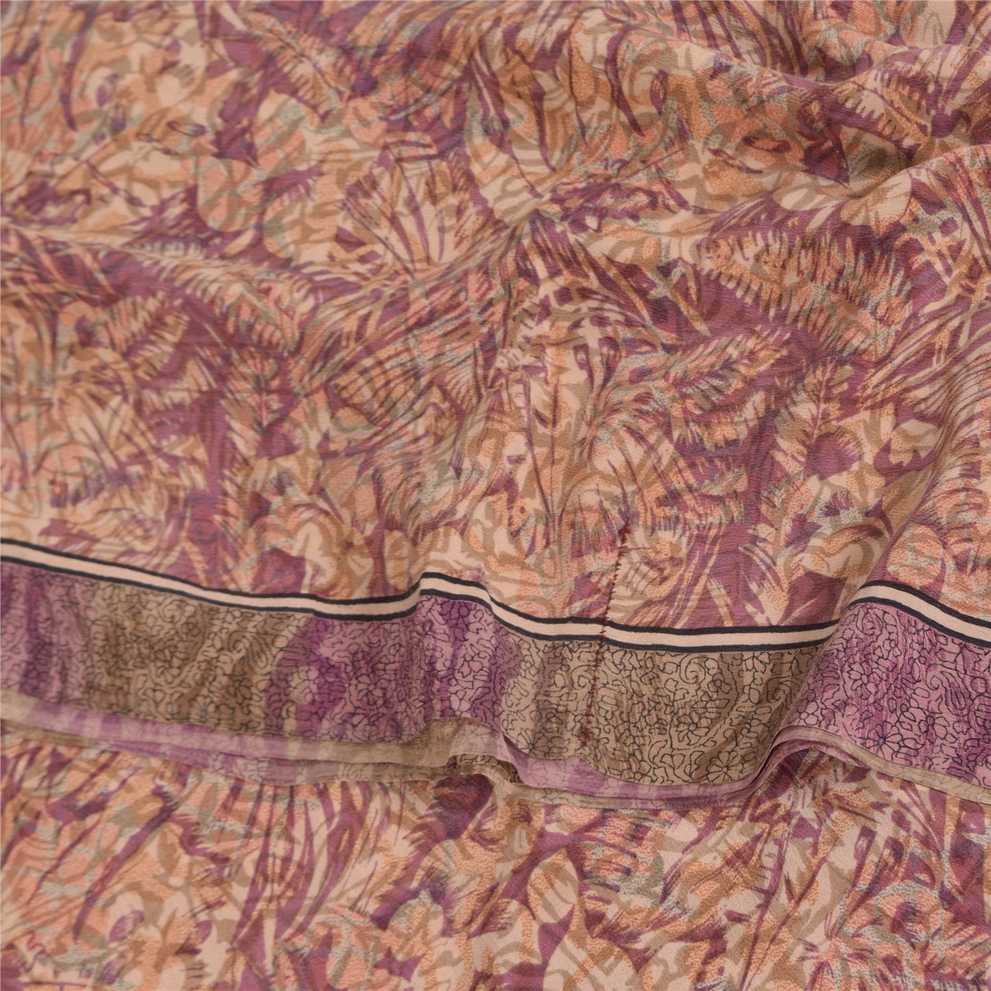 Sanskriti Vintage Sarees Peach/Purple Pure Crepe Print Sari 6yd Craft Sustainable Fabric