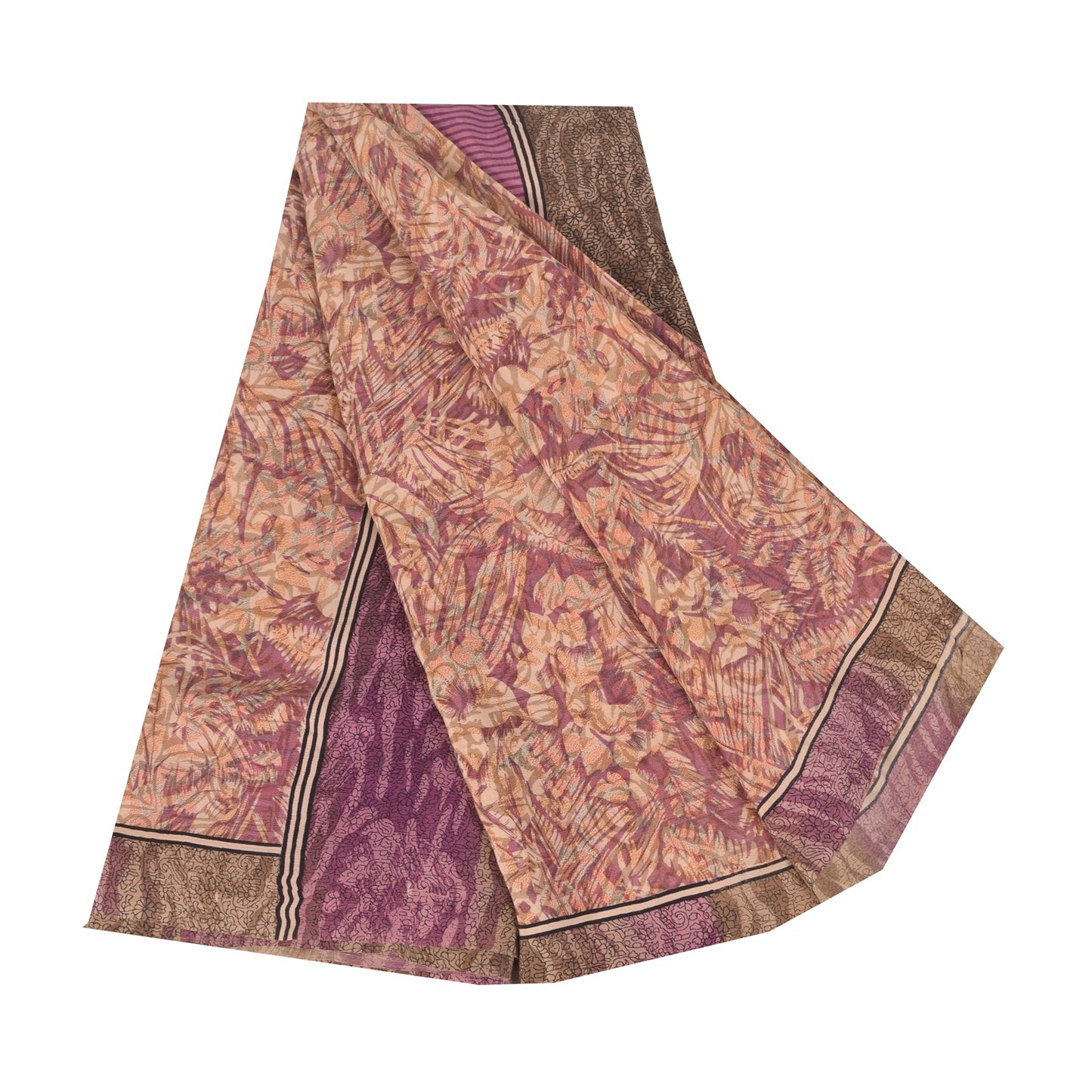 Sanskriti Vintage Sarees Peach/Purple Pure Crepe Print Sari 6yd Craft Sustainable Fabric