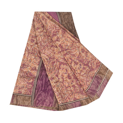 Sanskriti Vintage Sarees Peach/Purple Pure Crepe Print Sari 6yd Craft Sustainable Fabric
