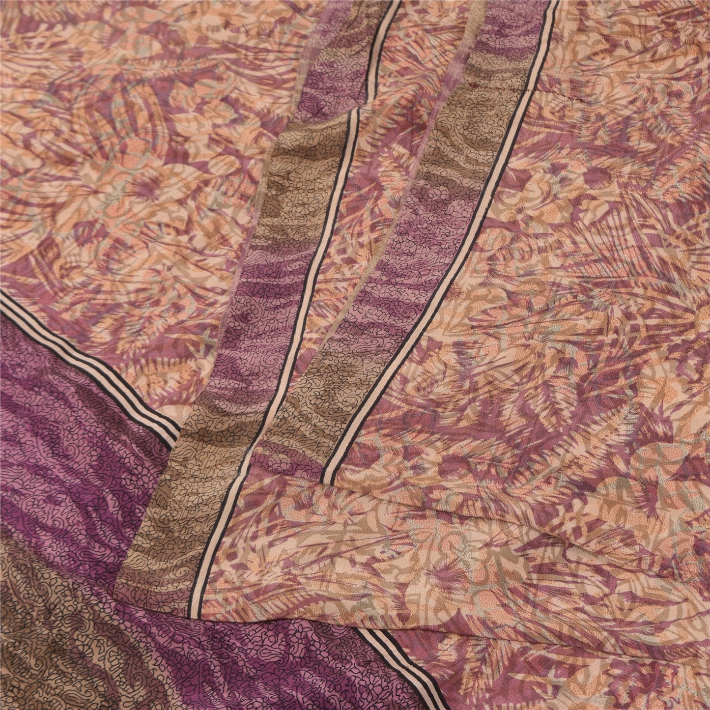 Sanskriti Vintage Sarees Peach/Purple Pure Crepe Print Sari 6yd Craft Sustainable Fabric