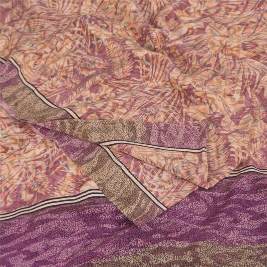 Sanskriti Vintage Sarees Peach/Purple Pure Crepe Print Sari 6yd Craft Sustainable Fabric