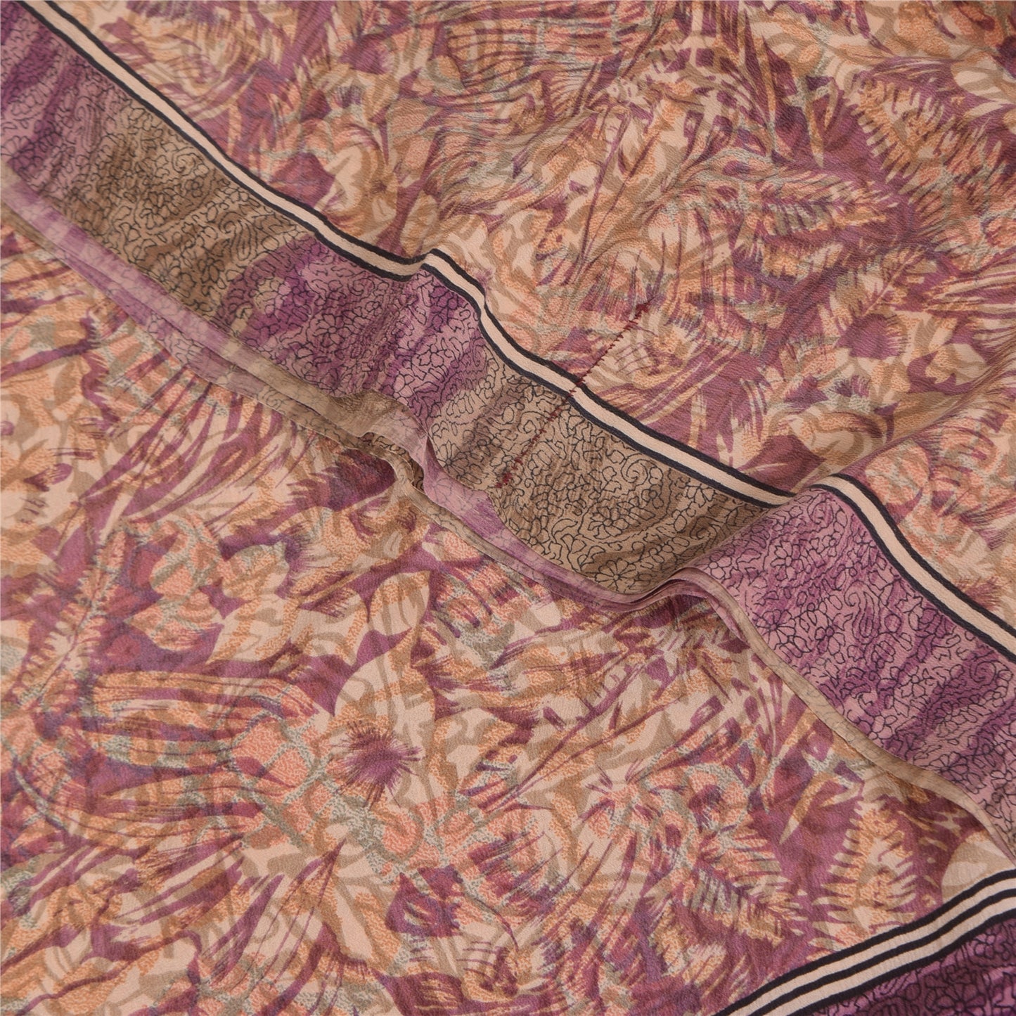 Sanskriti Vintage Sarees Peach/Purple Pure Crepe Print Sari 6yd Craft Sustainable Fabric