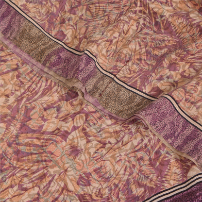 Sanskriti Vintage Sarees Peach/Purple Pure Crepe Print Sari 6yd Craft Sustainable Fabric