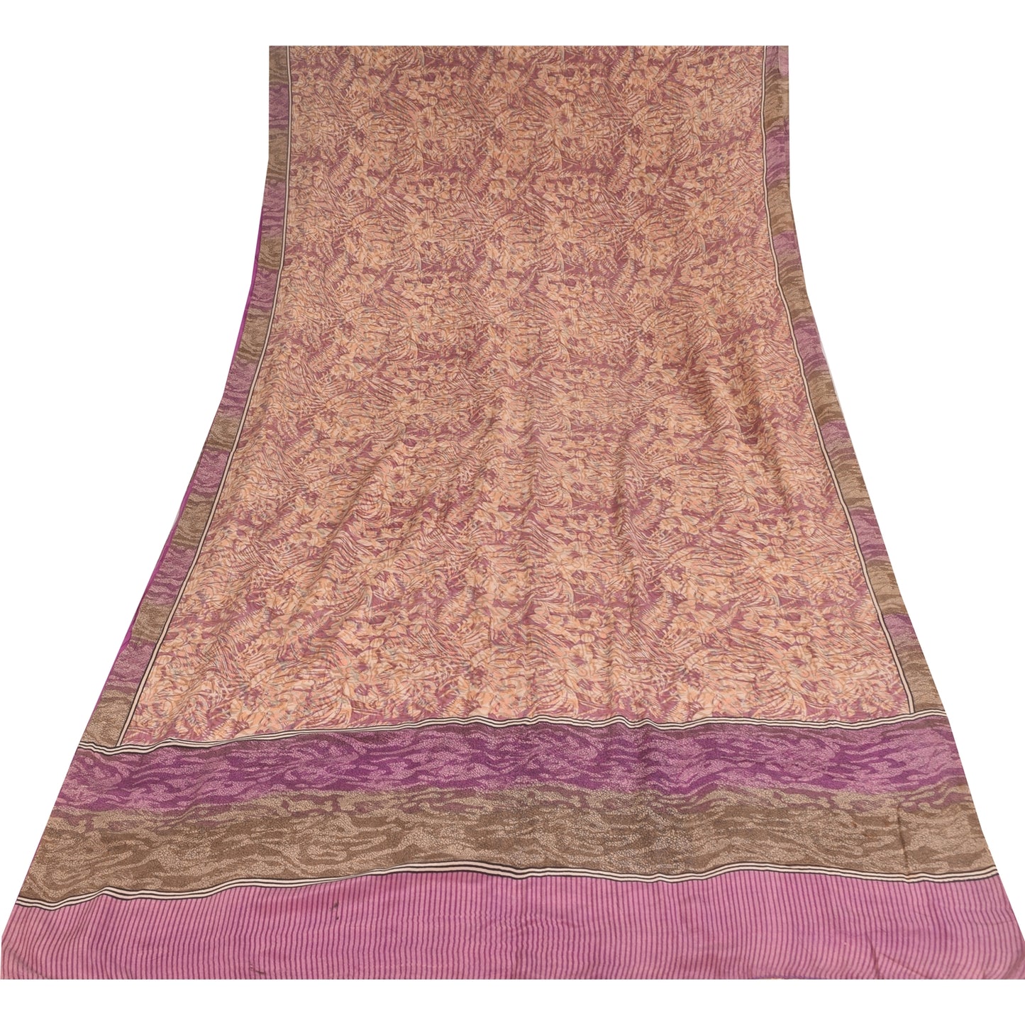 Sanskriti Vintage Sarees Peach/Purple Pure Crepe Print Sari 6yd Craft Sustainable Fabric