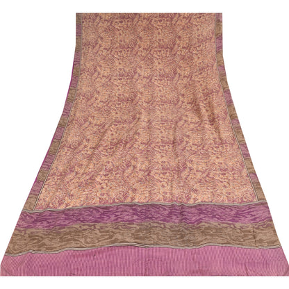 Sanskriti Vintage Sarees Peach/Purple Pure Crepe Print Sari 6yd Craft Sustainable Fabric