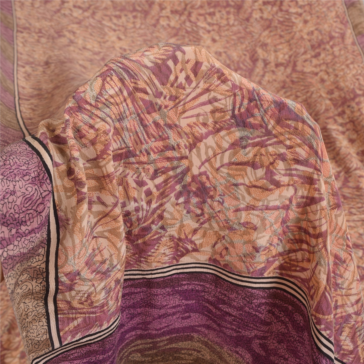 Sanskriti Vintage Sarees Peach/Purple Pure Crepe Print Sari 6yd Craft Sustainable Fabric