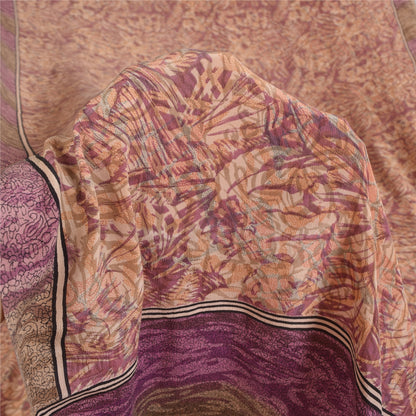 Sanskriti Vintage Sarees Peach/Purple Pure Crepe Print Sari 6yd Craft Sustainable Fabric