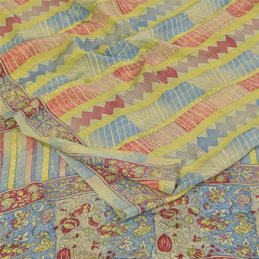 Sanskriti Vintage Sarees Multicolor Pure Crepe Silk Print Sari 6yd Craft Sustainable Fabric