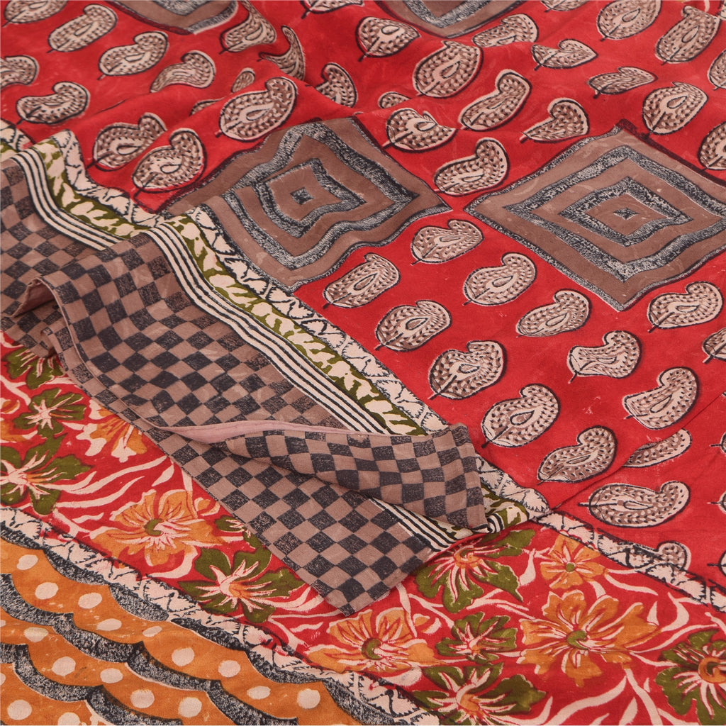 Sanskriti Vintage Sarees Red Pure Crepe Silk Printed Sari 5+yd Craft Sustainable Fabric