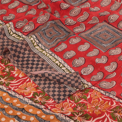 Sanskriti Vintage Sarees Red Pure Crepe Silk Printed Sari 5+yd Craft Sustainable Fabric