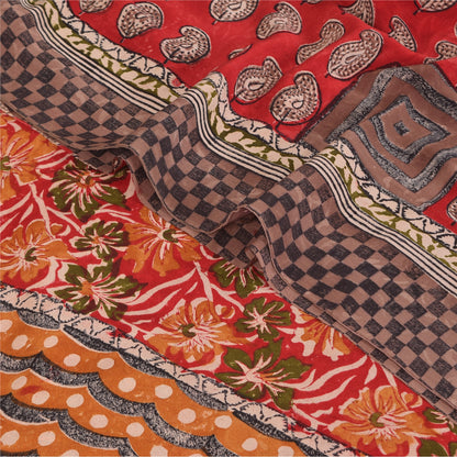 Sanskriti Vintage Sarees Red Pure Crepe Silk Printed Sari 5+yd Craft Sustainable Fabric