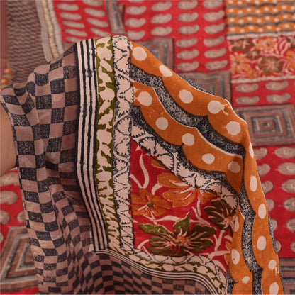 Sanskriti Vintage Sarees Red Pure Crepe Silk Printed Sari 5+yd Craft Sustainable Fabric