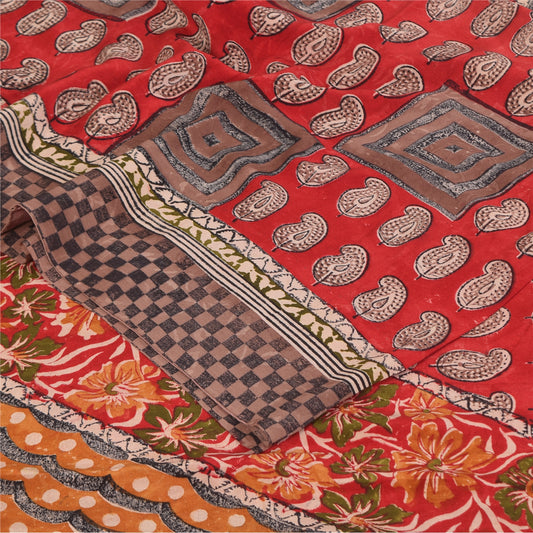 Sanskriti Vintage Sarees Red Pure Crepe Silk Printed Sari 5+yd Craft Sustainable Fabric