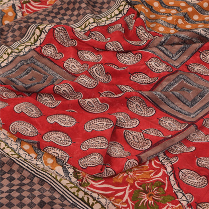 Sanskriti Vintage Sarees Red Pure Crepe Silk Printed Sari 5+yd Craft Sustainable Fabric