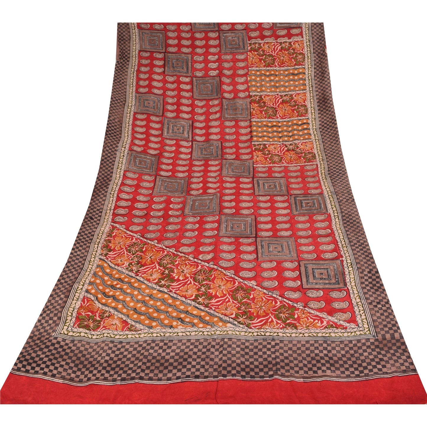 Sanskriti Vintage Sarees Red Pure Crepe Silk Printed Sari 5+yd Craft Sustainable Fabric