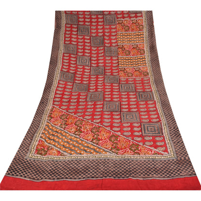 Sanskriti Vintage Sarees Red Pure Crepe Silk Printed Sari 5+yd Craft Sustainable Fabric